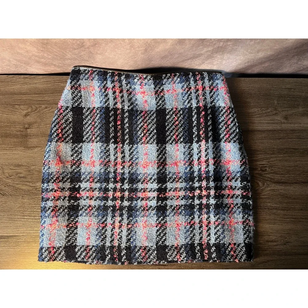 Orsay Tweed Plaid Mini Skirt Blue Pink Black Faux Leather Trim Size EUR 36 US 4 - Picture 1 of 9
